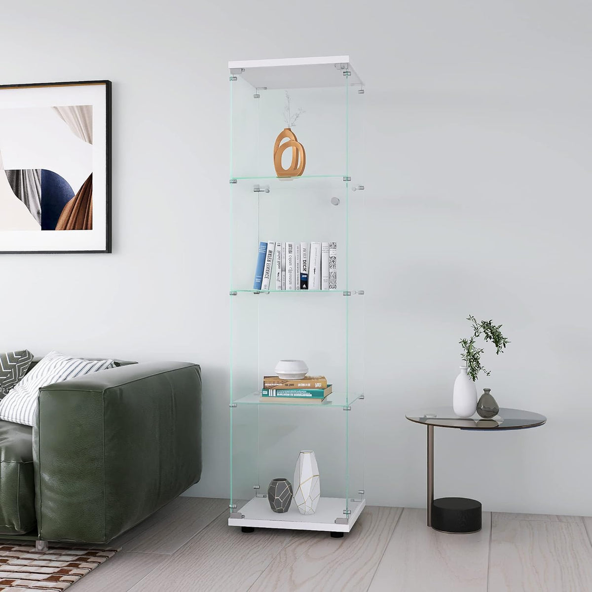 White 4-Shelf Glass Display Cabinet with Door and Lock E57146