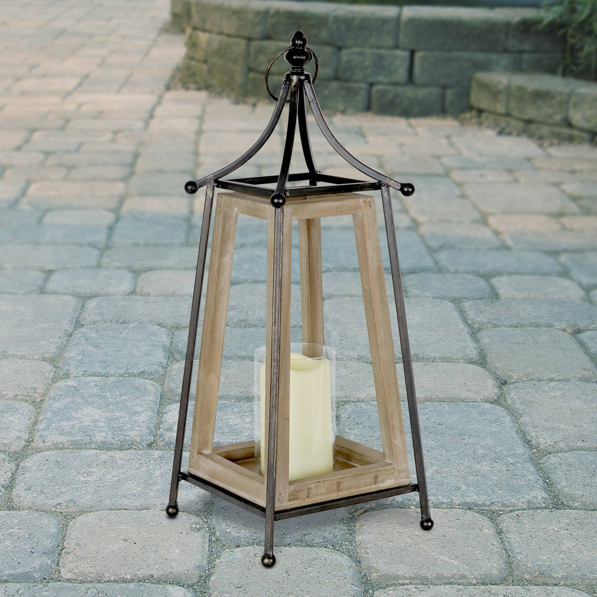 Antiqued Wood and Metal Tented Candle Lantern with LED Candle, 20.5 Inches, Natural, Beige Q8054
