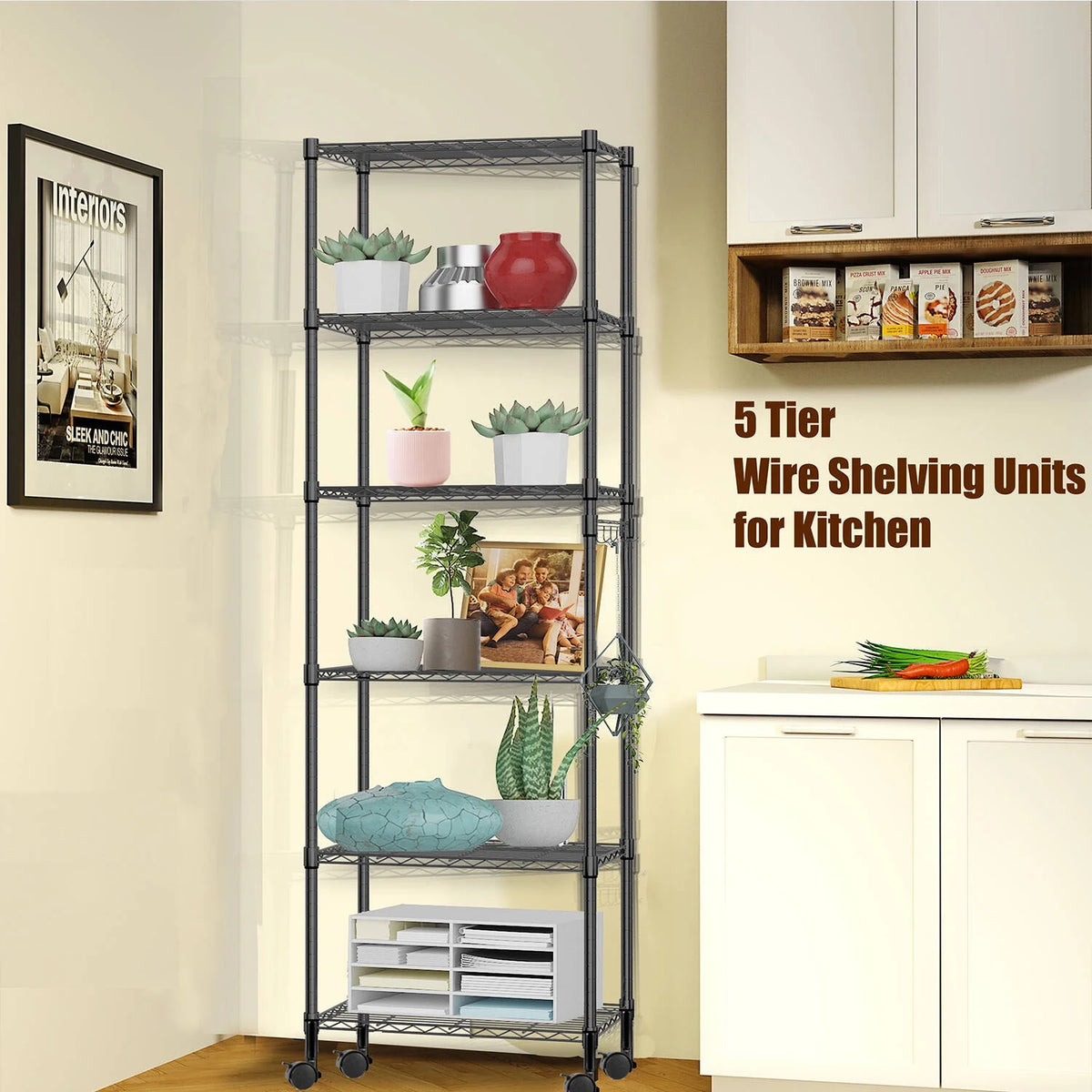 6 Shelves Wire Metal Heavy Duty Shelving Rack with Wheel, Silver B4209