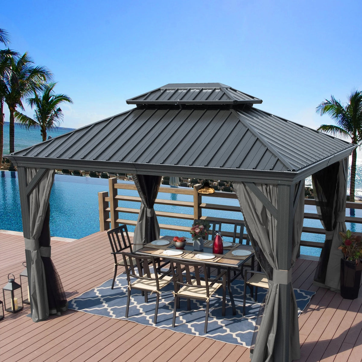 Hardtop Aluminum Gazebo with Mosquito Net and Privacy Curtain Grey 10' x 12' V589