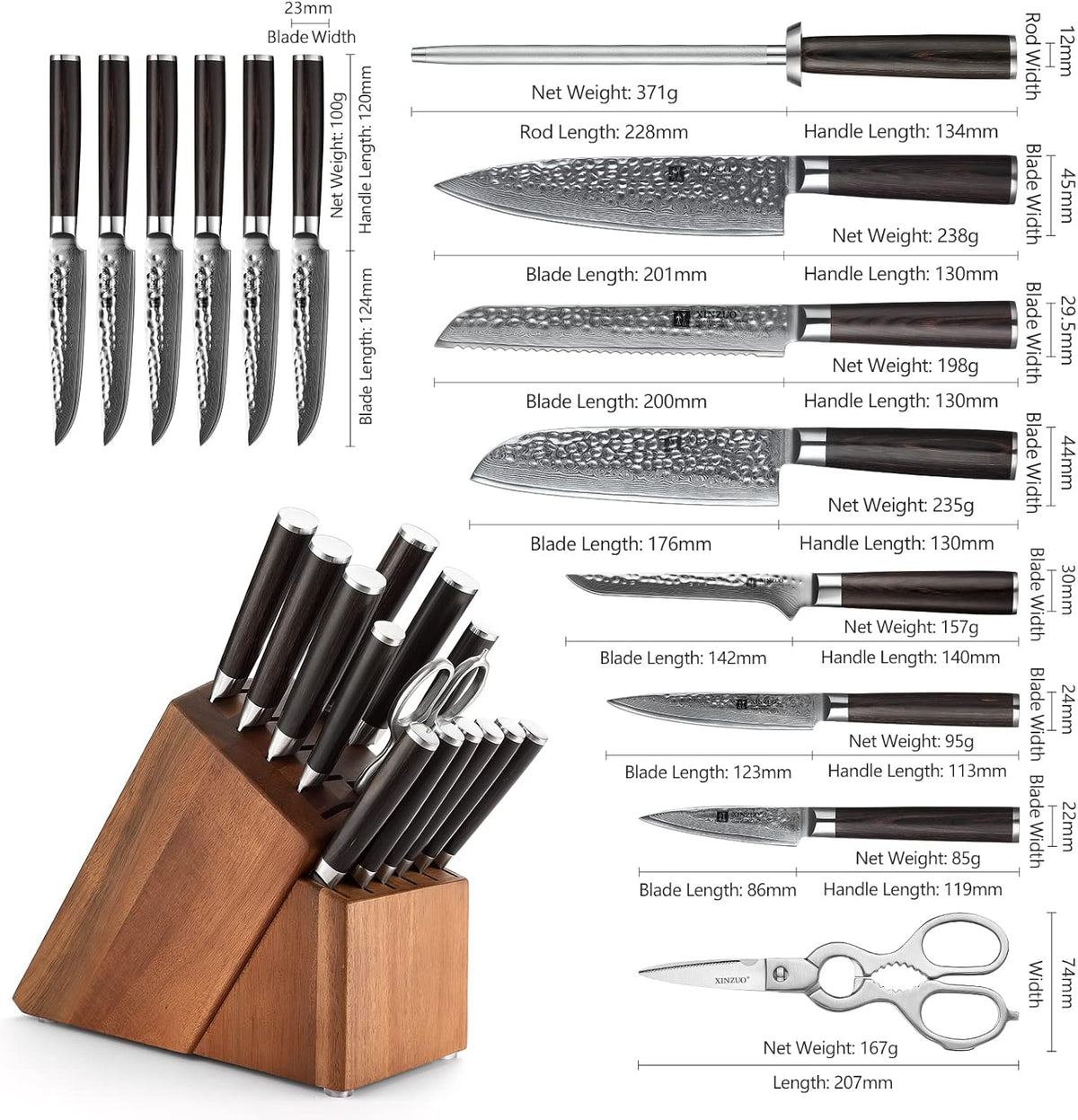 Damascus Steel 15Pcs Kitchen Knife Set with Acacia Wood Block X14205