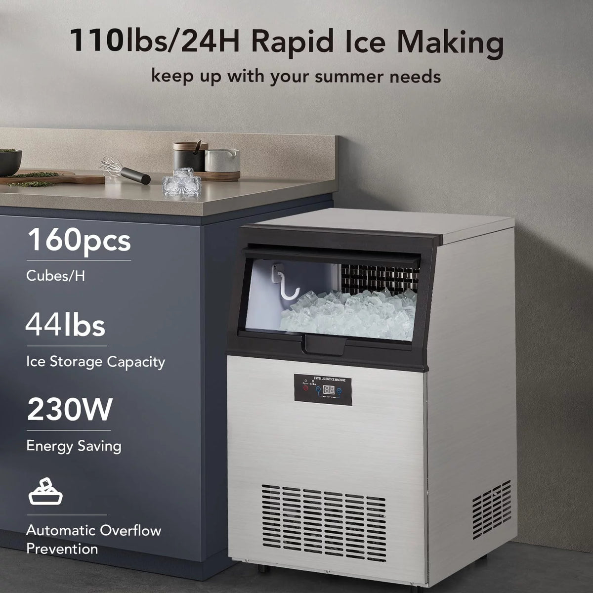130lbs/24H Stainless Steel Under Counter Ice Machine with 44lbs Ice Storage U851813