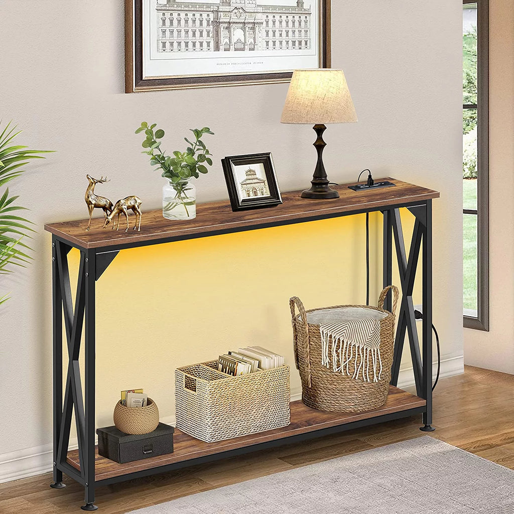 2 Tiers Console Sofa Table with Power Outlet and Open Storage Shelf A266