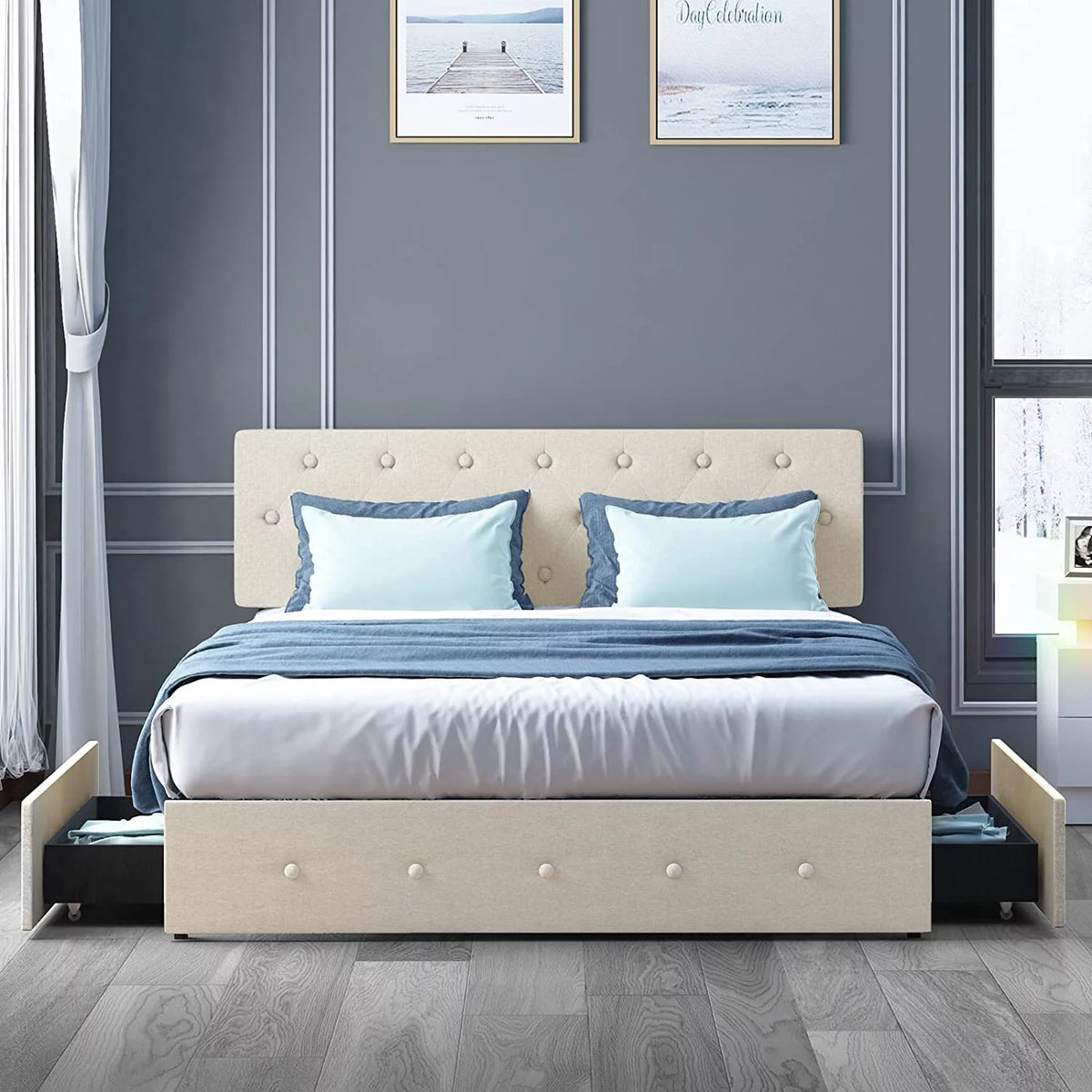 King Size Platform Bed Frame with 4 Storage Drawers G9718