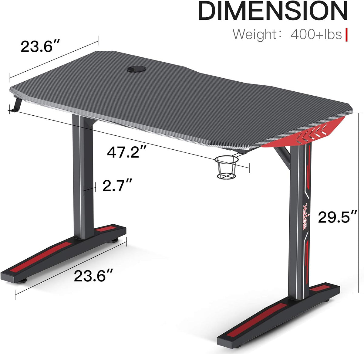 Black Carbon Fiber 47 Inch Gaming Desk with Cup Holder Rack and Headphone Hook L92442
