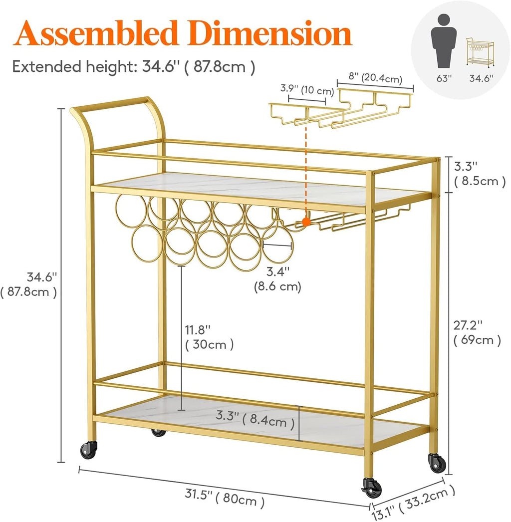2 Tier Bar Cart with 9 Wine Bottle Racks D824430