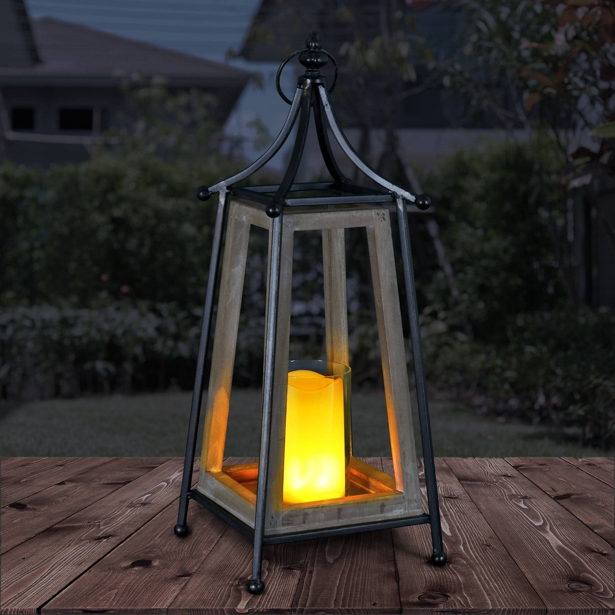 Antiqued Wood and Metal Tented Candle Lantern with LED Candle, 20.5 Inches, Natural, Beige Q8054