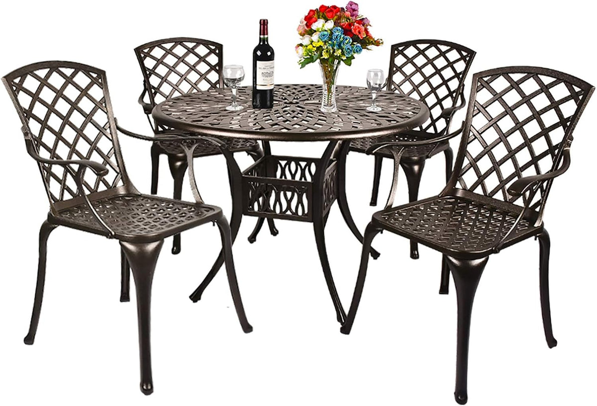 5 Piece Outdoor Cast Aluminum Patio Dining Set with 4 Chairs and Round Table V778