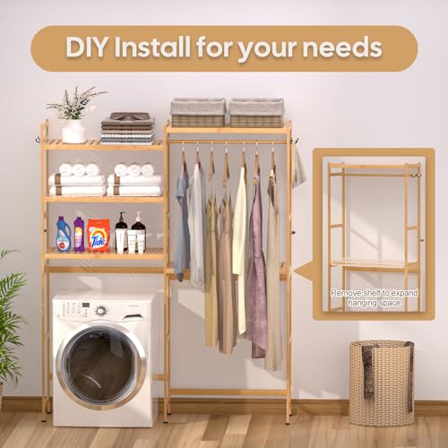 5 Tiers Bamboo Laundry Drying Rack with Adjustable Shelves and 4 Hooks Y31758