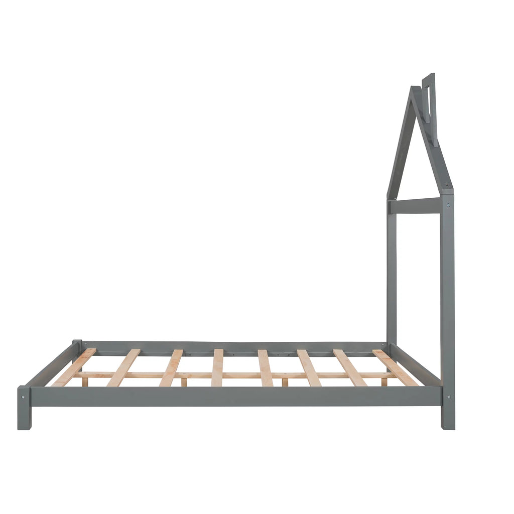 Full Size Gray Wood Platform Bed with House-shaped Headboard O89525