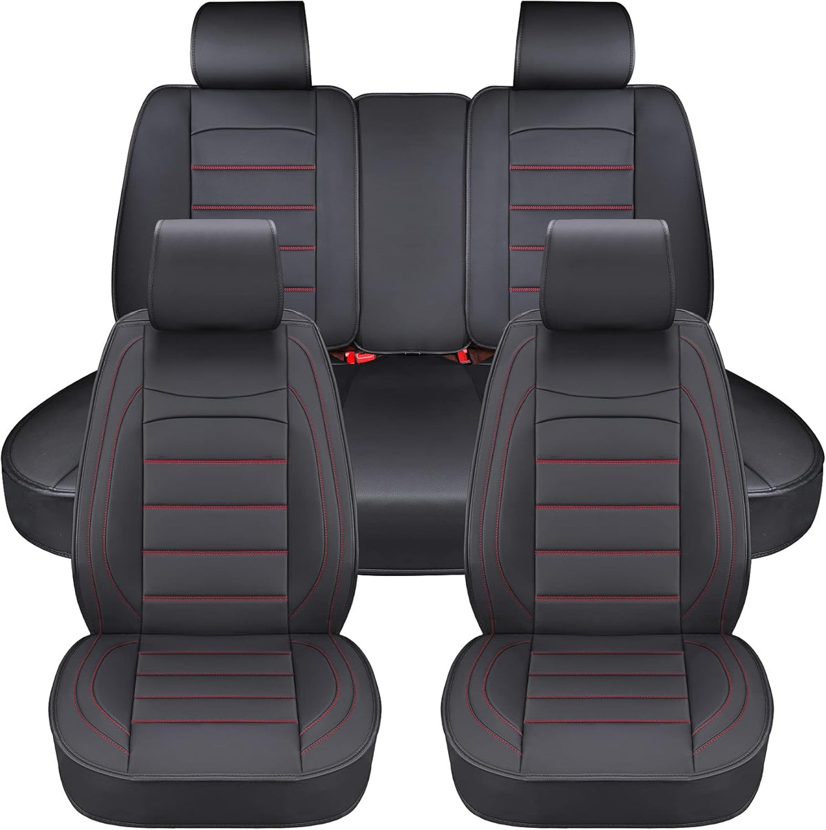 Black Red Leather Car Seat Covers Full Set U6264