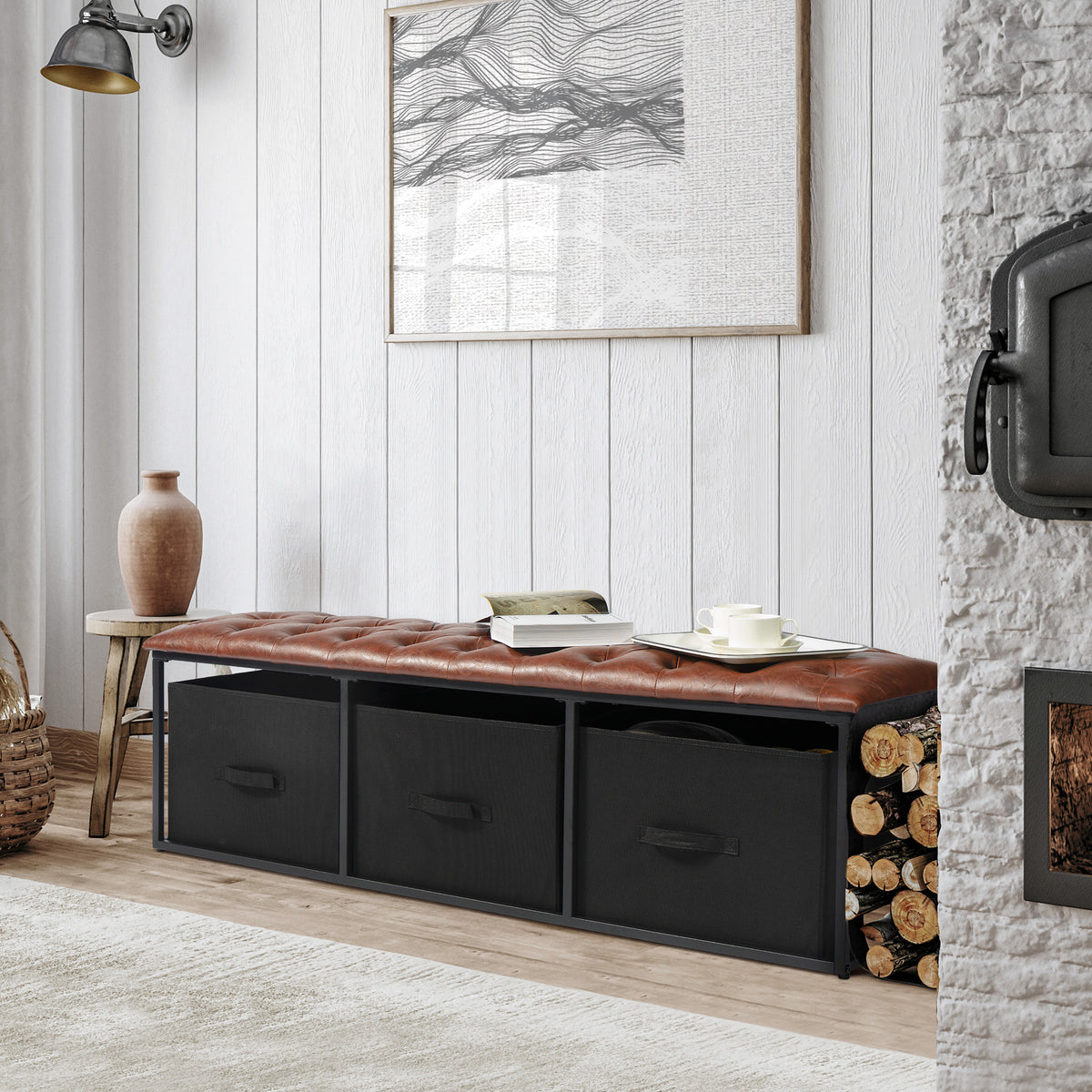 Brown Button Tufted Faux Leather Storage Bench R201