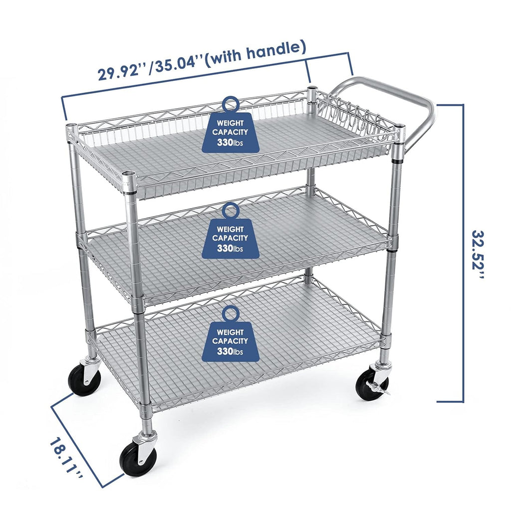 3 Tier Metal Rolling Utility Cart with Wire Shelving A24971