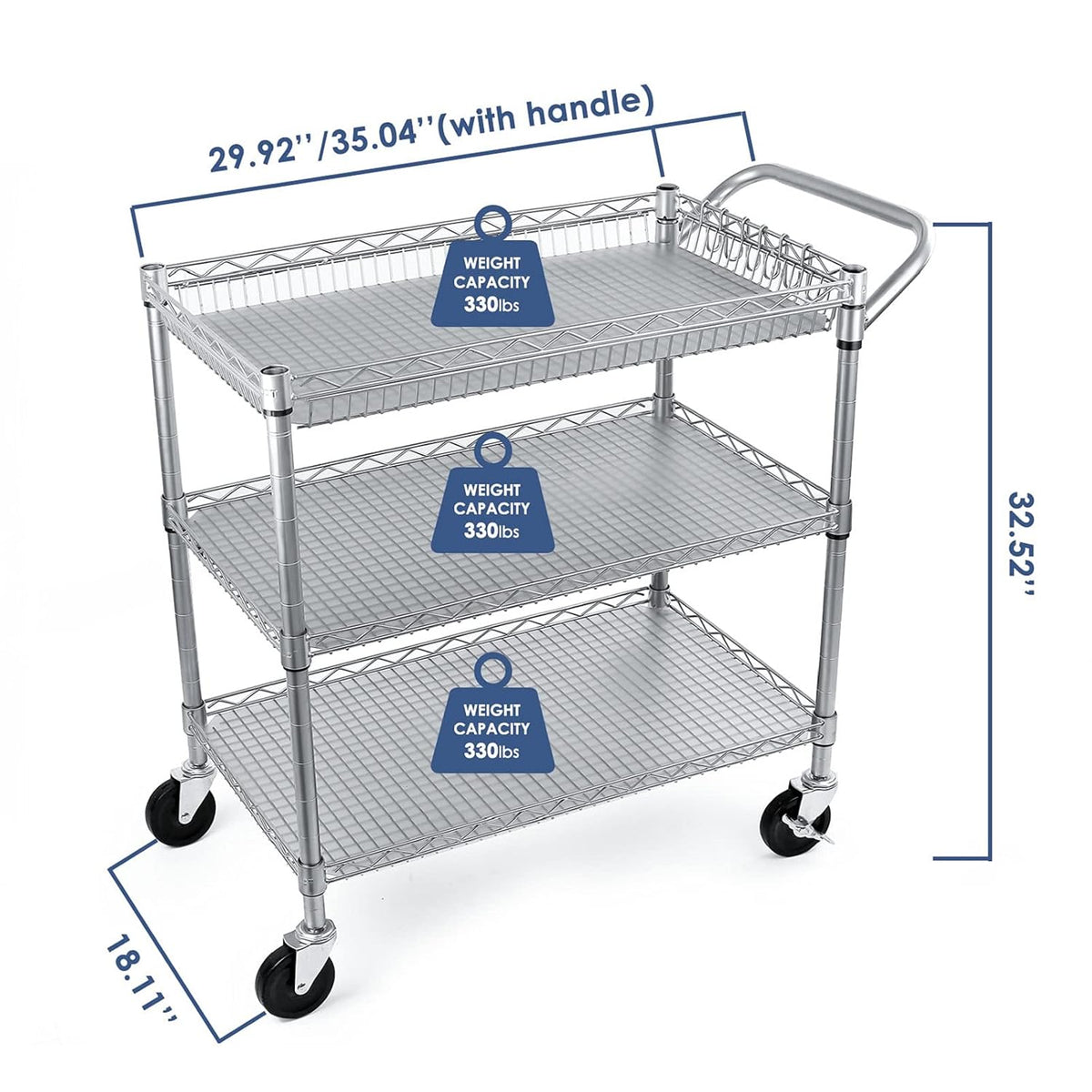 3 Tier Metal Rolling Utility Cart with Wire Shelving A24971