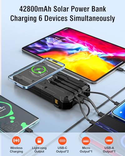42800mAh Wireless Portable Charger with USB-C, QC3.0 Fast Charging 15W 4 Ports Outdoor Battery Pack with Dual LED Flashlights C6948