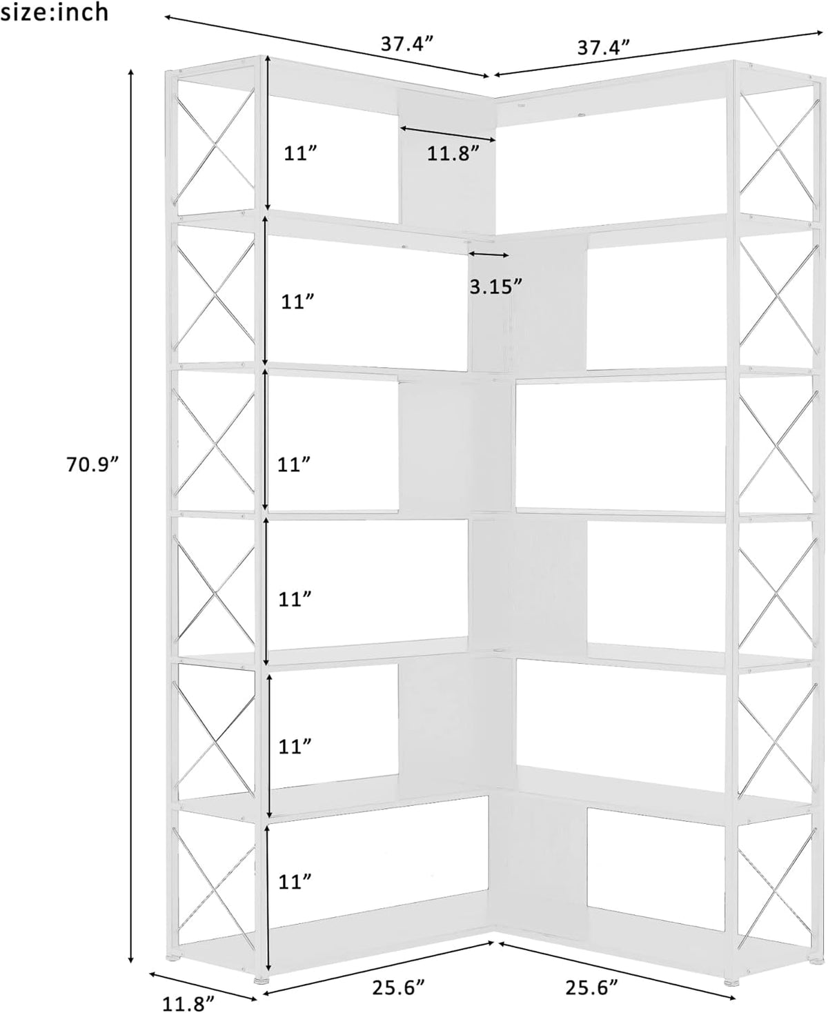 7-Tier L-Shaped Corner Bookcase with Metal Frame, Oak H59688