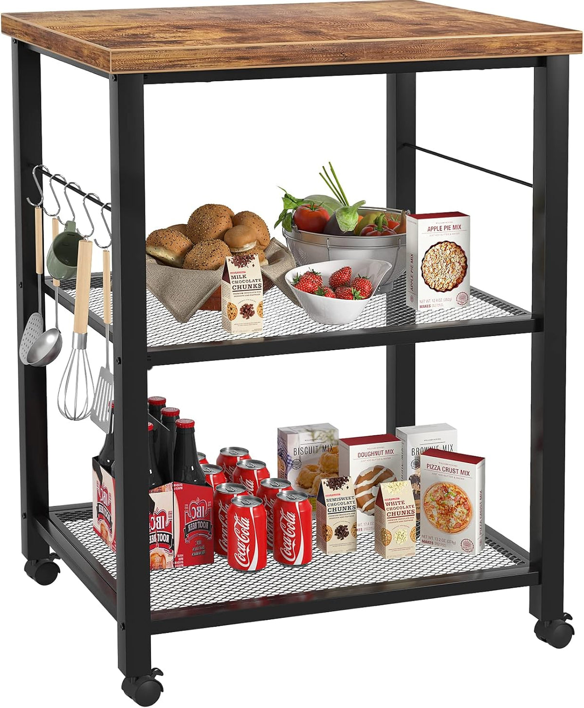 3 Tier Kitchen Cart with Wheels and 5 Hooks C661