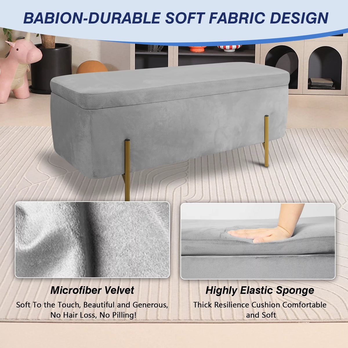 Velvet Storage Ottoman Bench with 3 Footstools C340710
