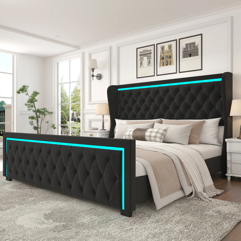Black King Velvet Upholstered Platform Bed Frame with Wingbacks I22720