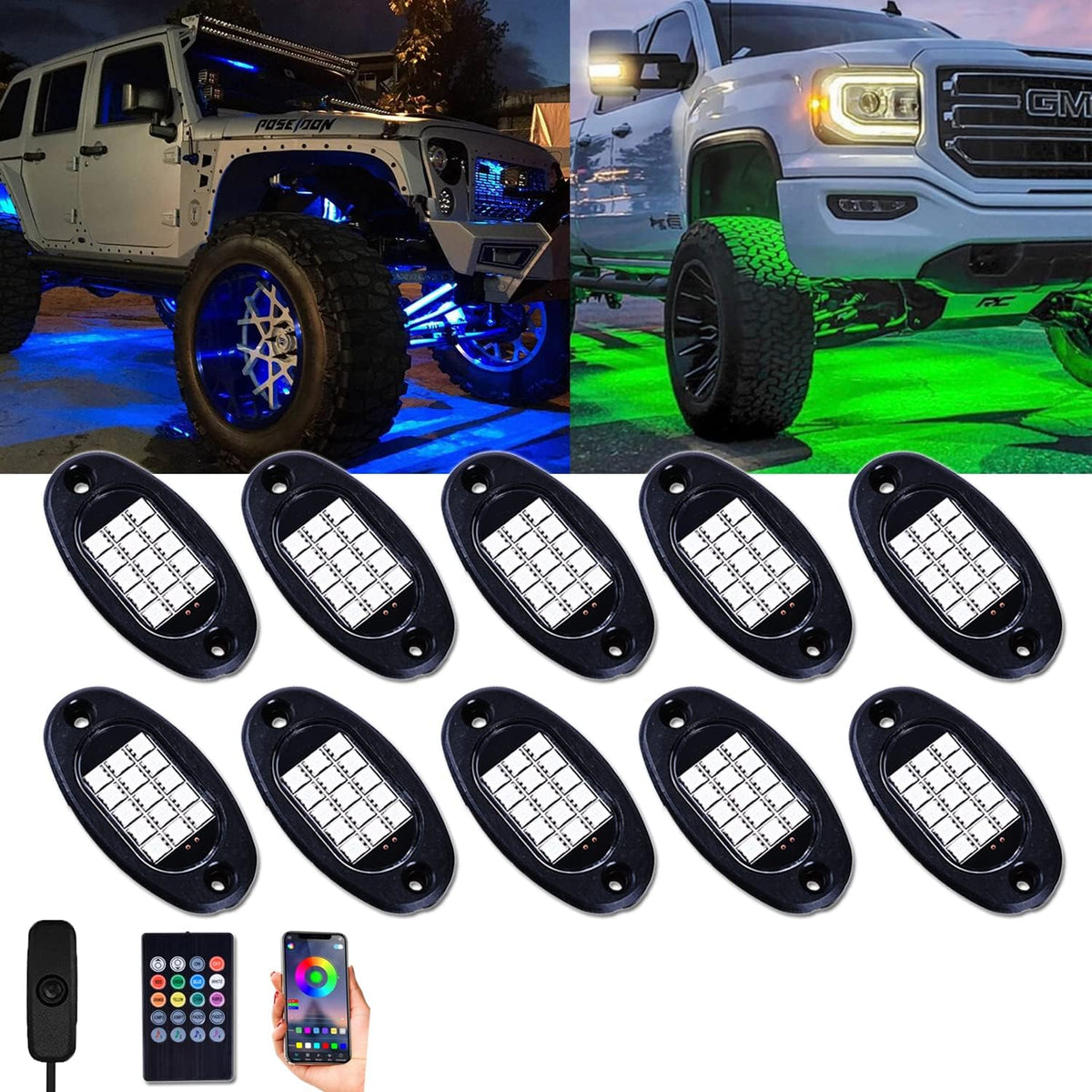 RGB LED Rock Lights Kit 10 Pods Multicolor Pack of 2 Y1948