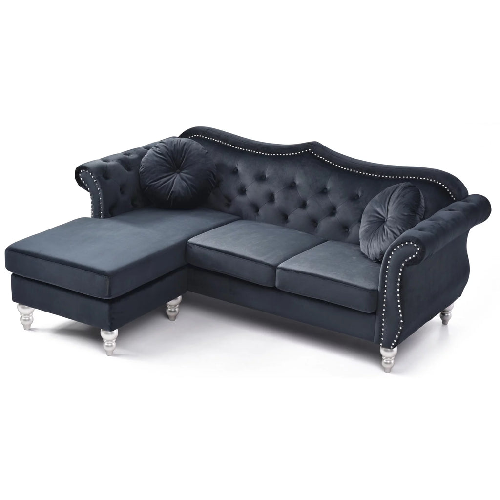 Black Velvet Chesterfield Sectional Sofa with 2-Throw Pillow R6532