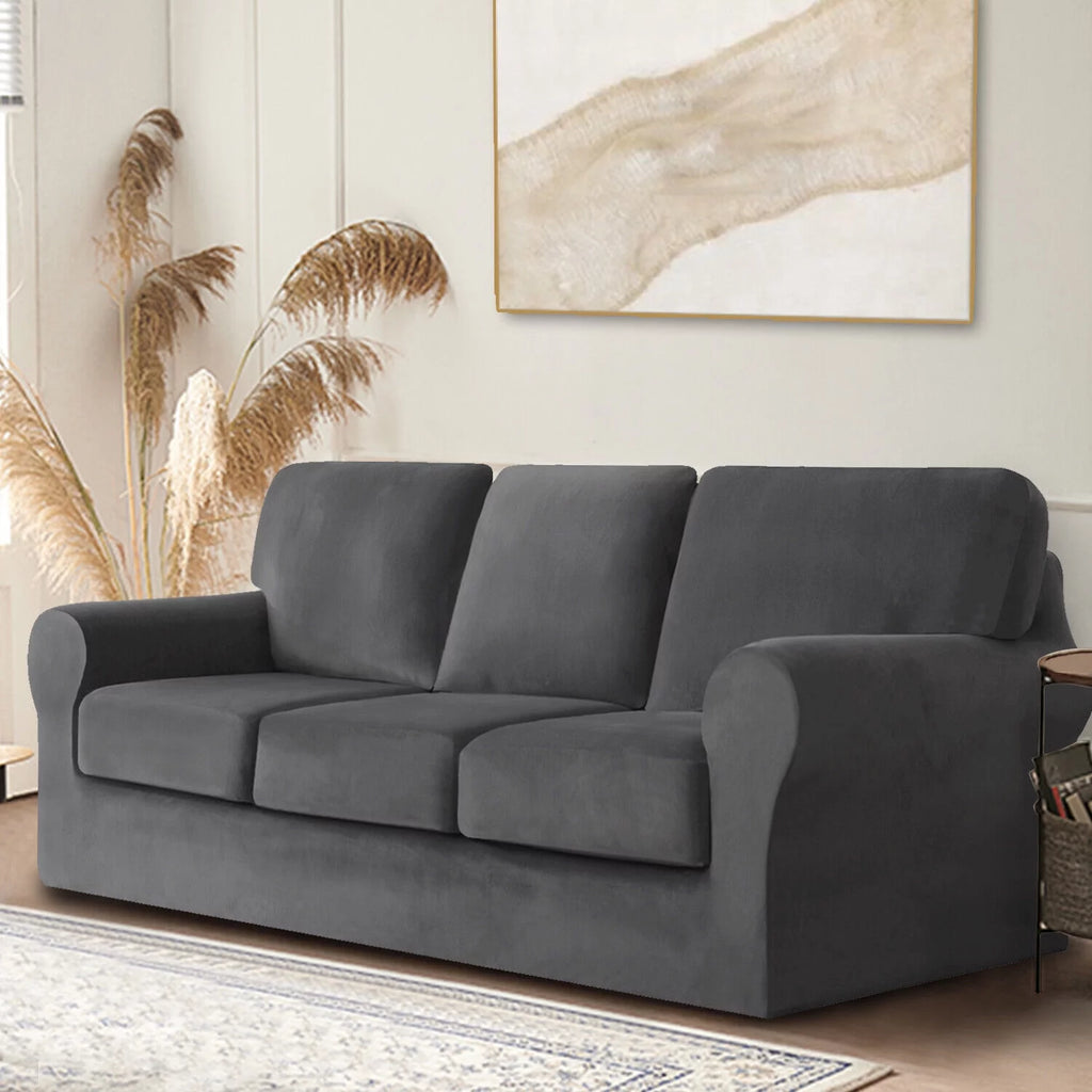 5-Pieces Velvet Stretch Couch Slipcovers (Dark Grey) P429398