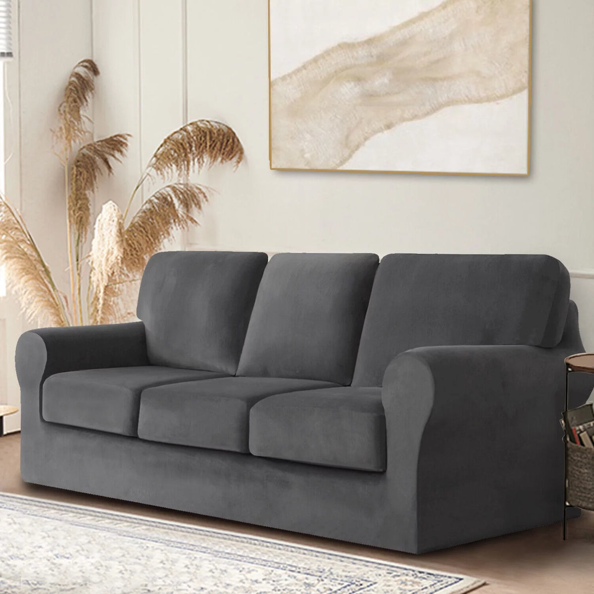 5-Pieces Velvet Stretch Couch Slipcovers (Dark Grey) P429398