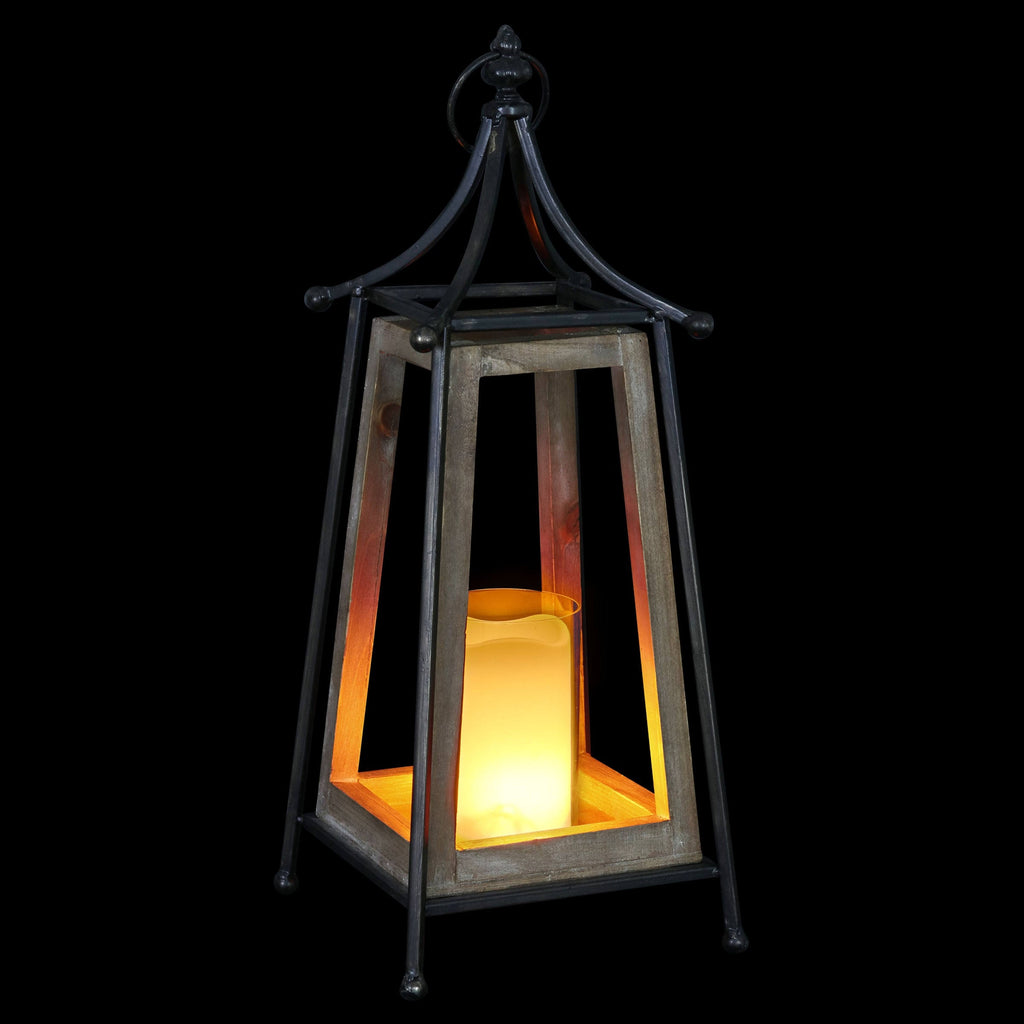 Antiqued Wood and Metal Tented Candle Lantern with LED Candle, 20.5 Inches, Natural, Beige Q8054