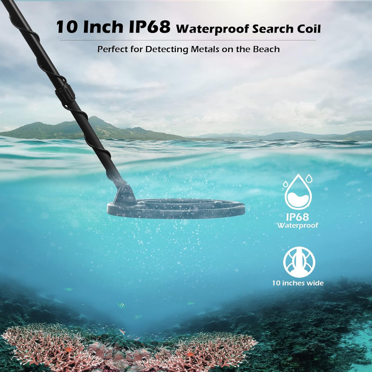 Waterproof Metal Detector with 10" IP68 Search Coil and Headphone B41716