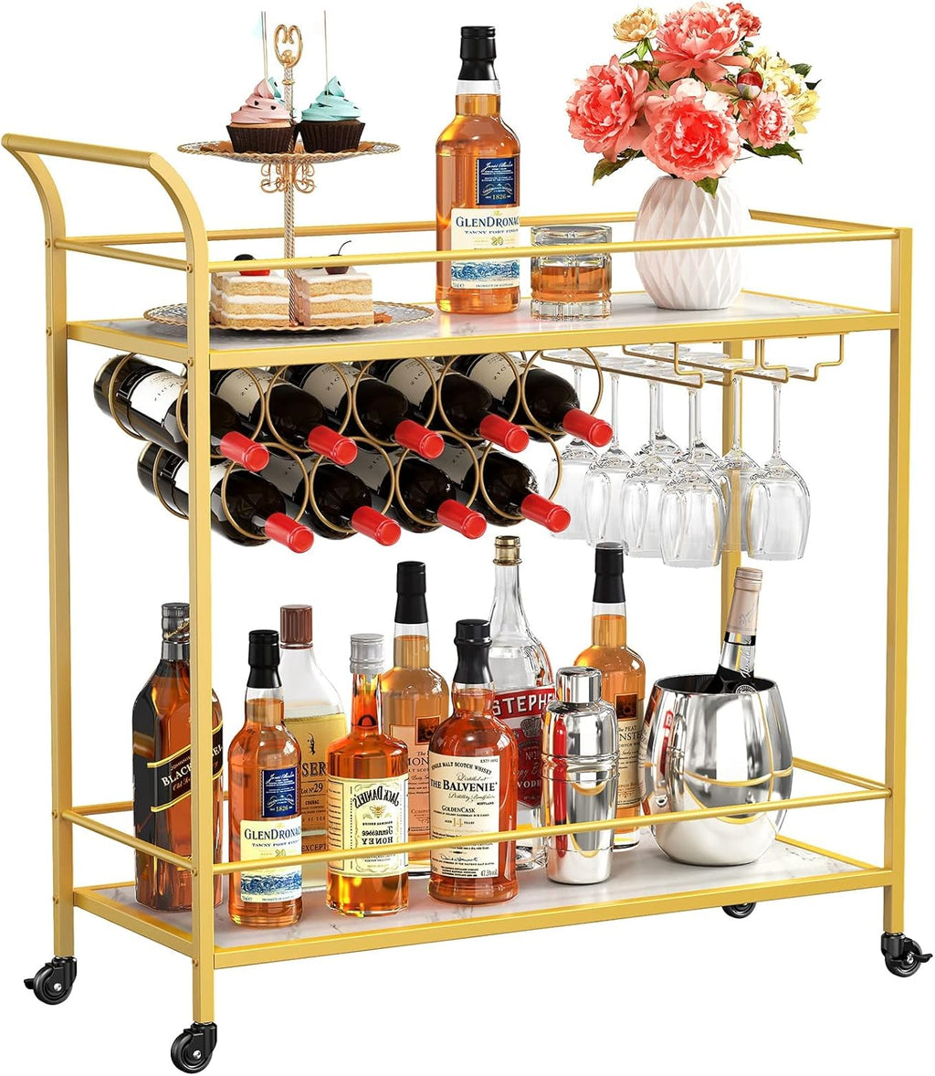2 Tier Bar Cart with 9 Wine Bottle Racks D824430