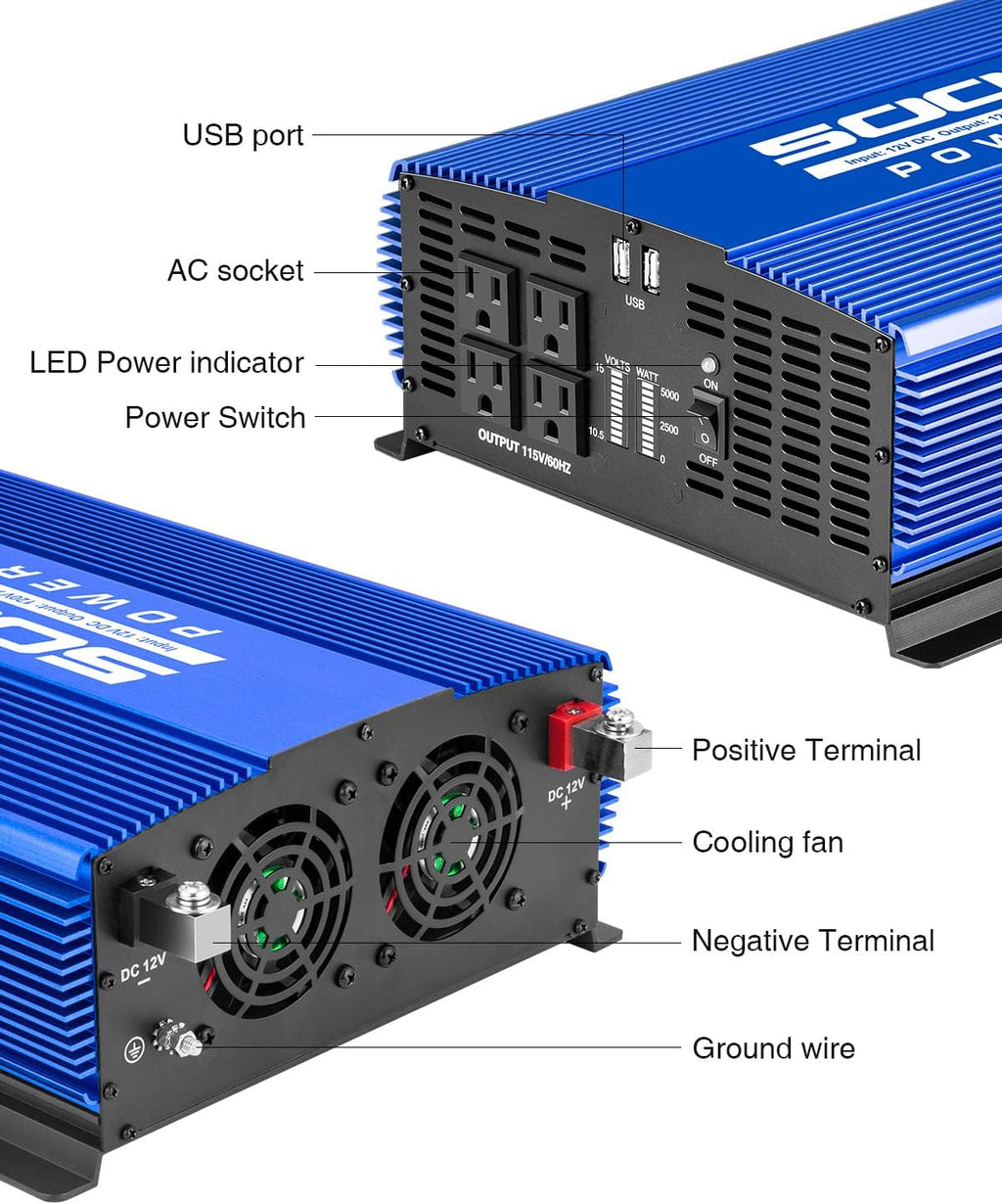 5000W Power Inverter 12V to 110V 4AC Outlets 2USB Ports K221