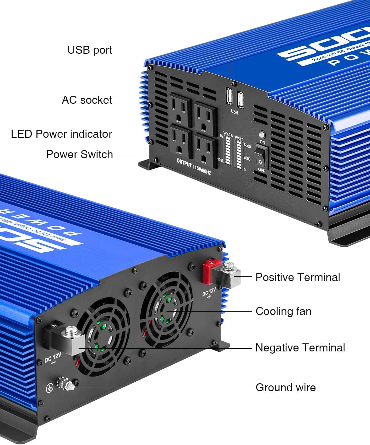 5000W Power Inverter 12V to 110V 4AC Outlets 2USB Ports K221