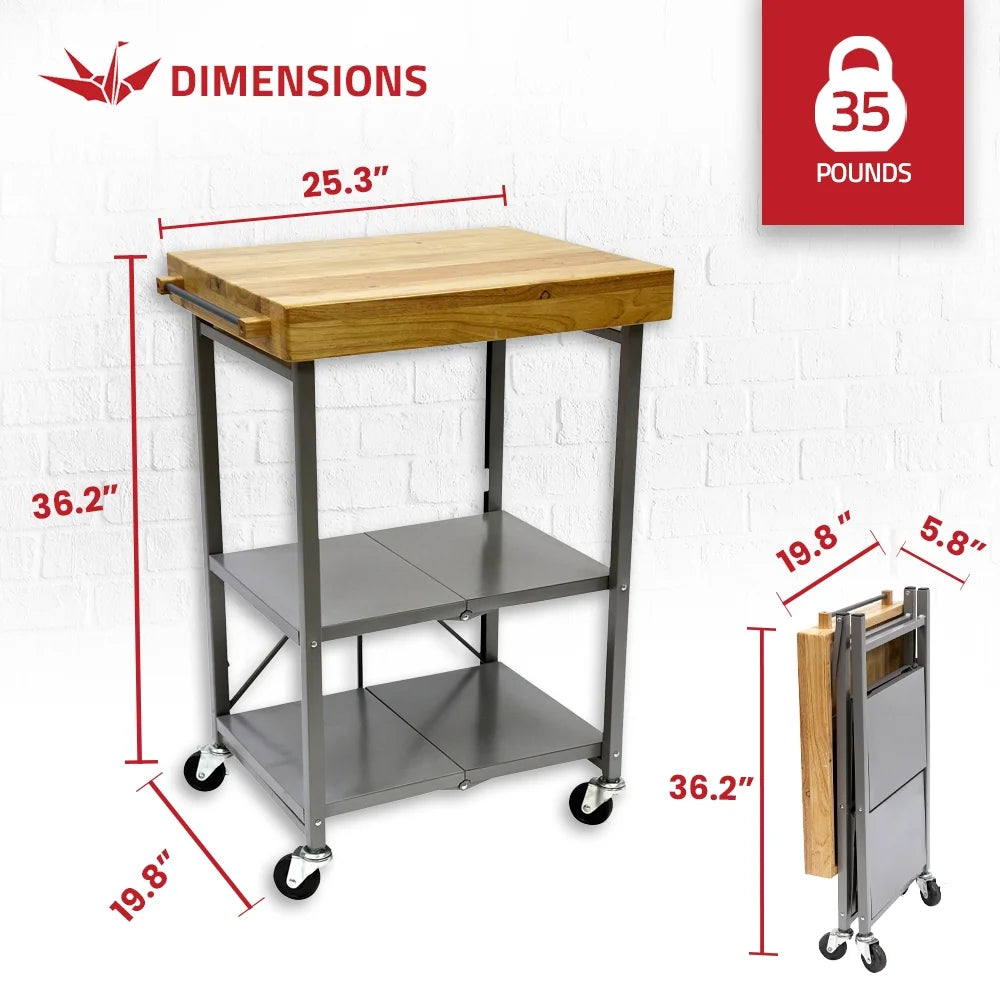 Foldable Wheeled Solid Wood Top Kitchen Island Bar Cart W839