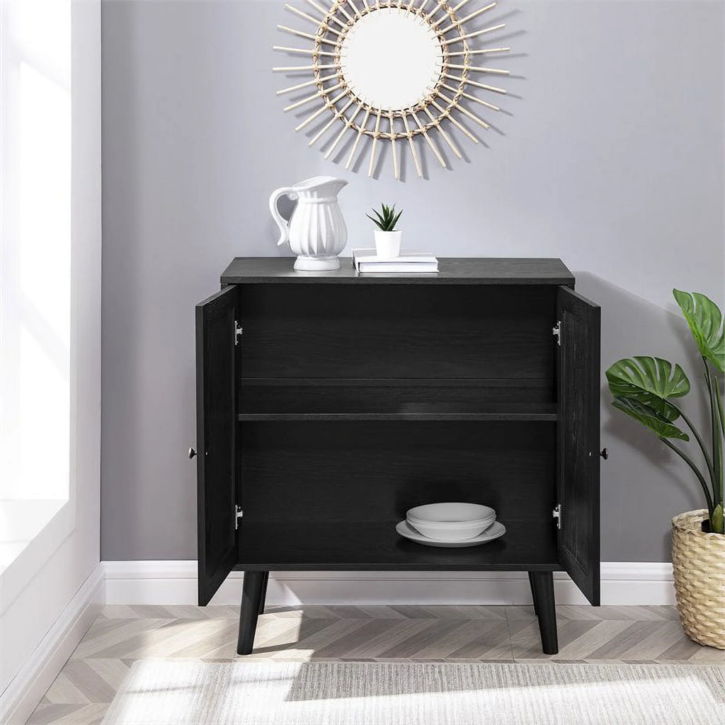 Black Solid Wood and Rattan Accent Cabinet X16219