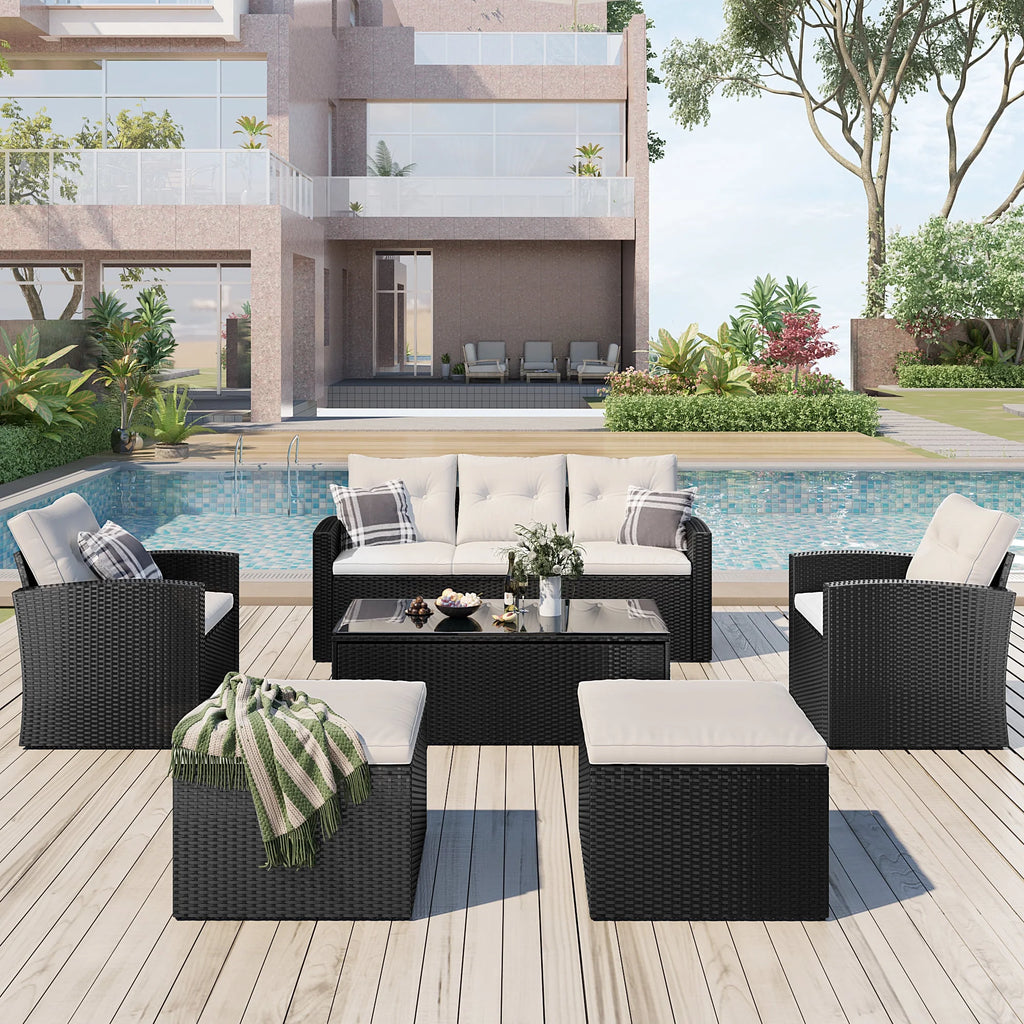 6-piece PE rattan Patio Sectional Set with coffee table, ottomans, removable cushions Y7617