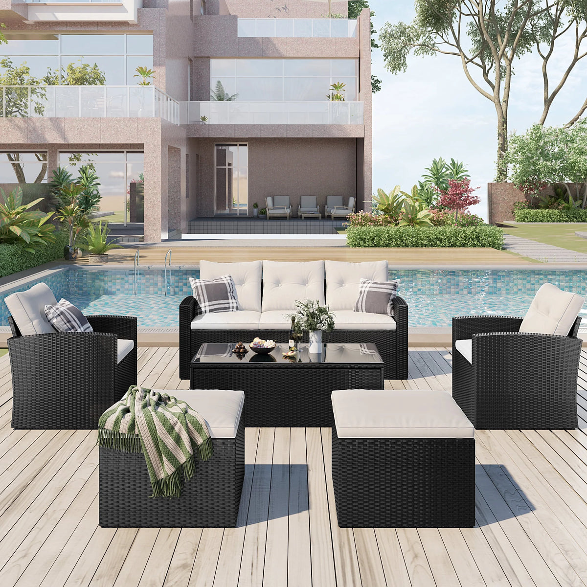 6-piece PE rattan Patio Sectional Set with coffee table, ottomans, removable cushions Y7617
