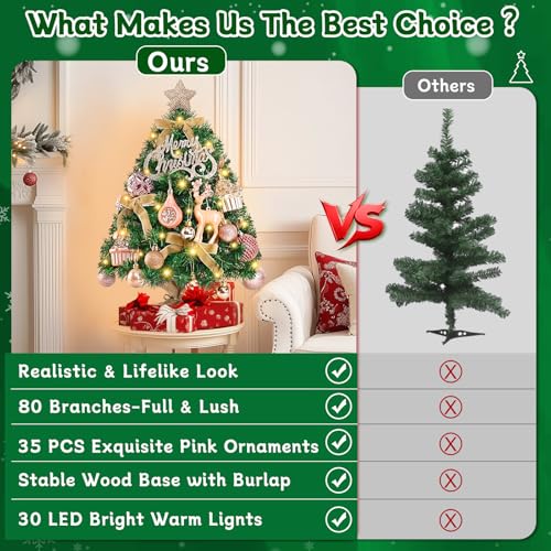 2 FT Mini Christmas Tree with Lights and 35 PCS Pink Ornaments X223462