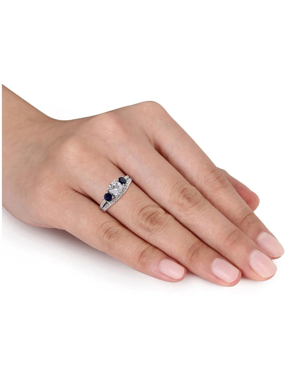 Created White & Created Blue Sapphire 2 Carat (Ctw) with Diamond 1/3 Carat (Ctw) Engagement Ring and Bridal Wedding Set 10K White Gold B5255