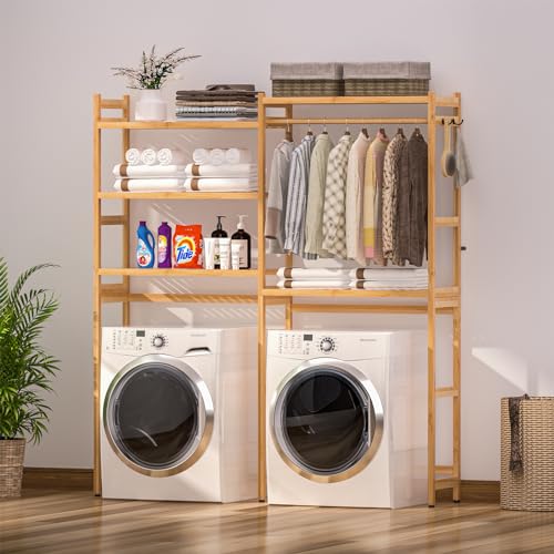 5 Tiers Bamboo Laundry Drying Rack with Adjustable Shelves and 4 Hooks Y31758