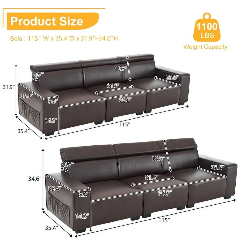 Retro PU Three-Seater Sofa Brown V7259