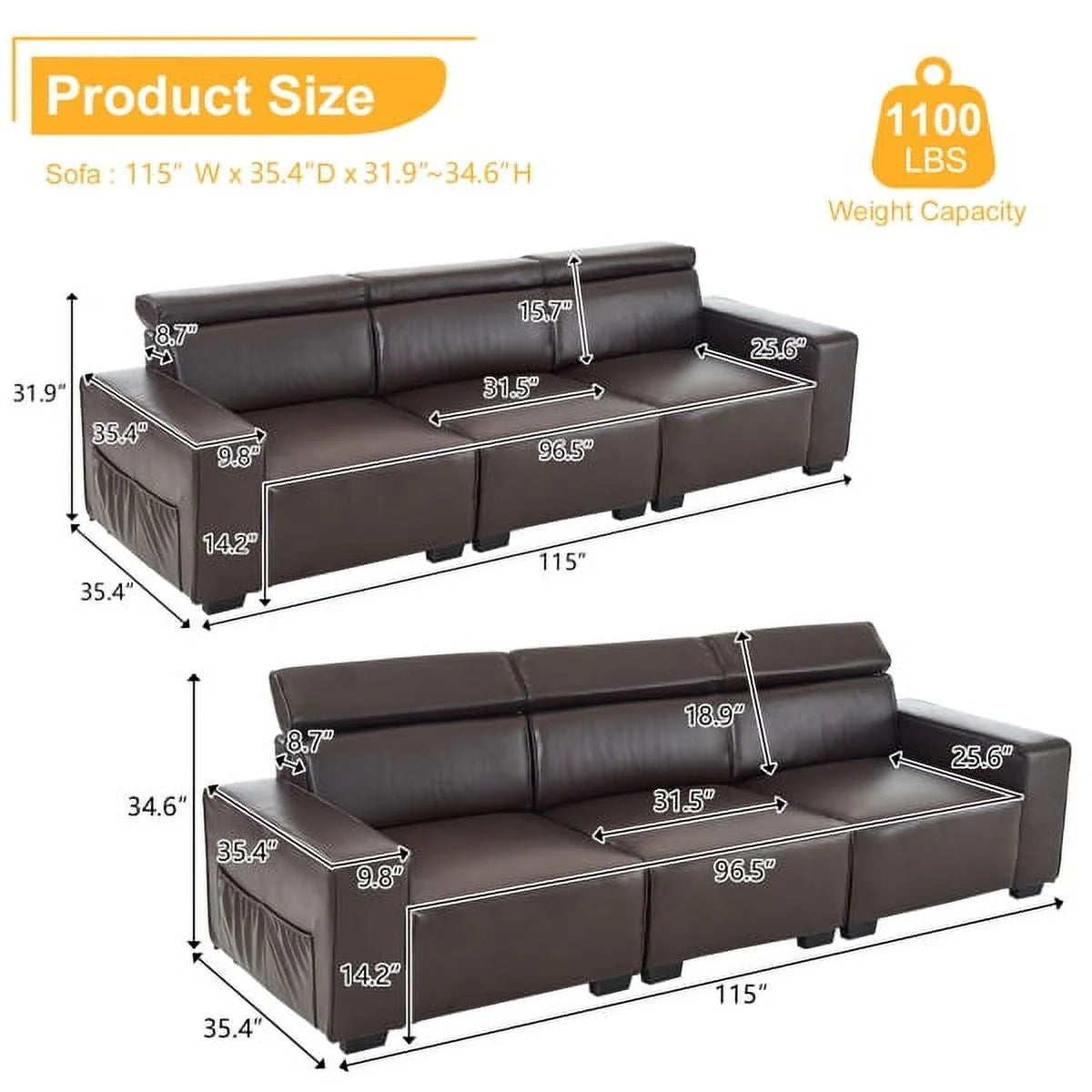 Retro PU Three-Seater Sofa Brown V7259