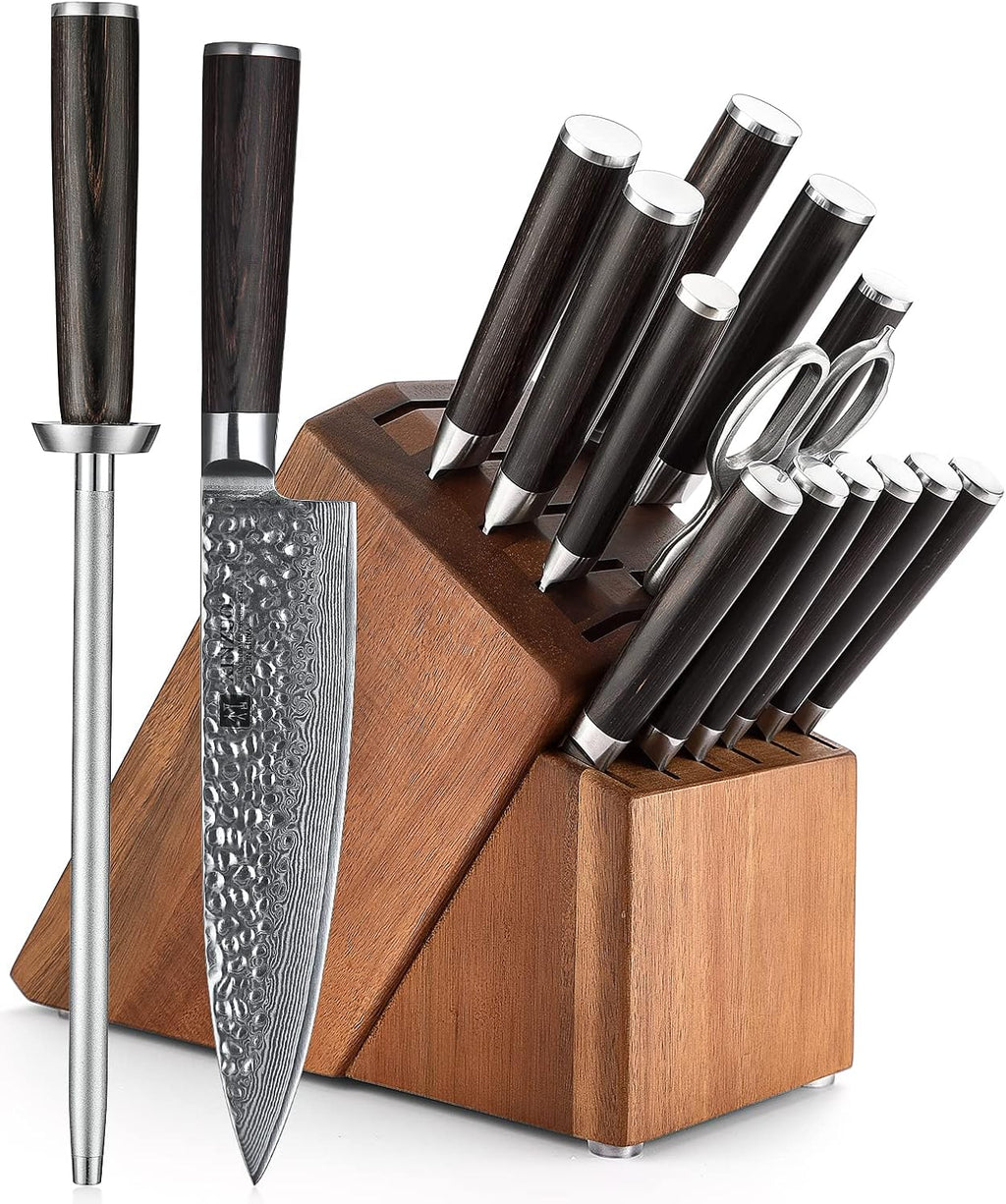 Damascus Steel 15Pcs Kitchen Knife Set with Acacia Wood Block X14205