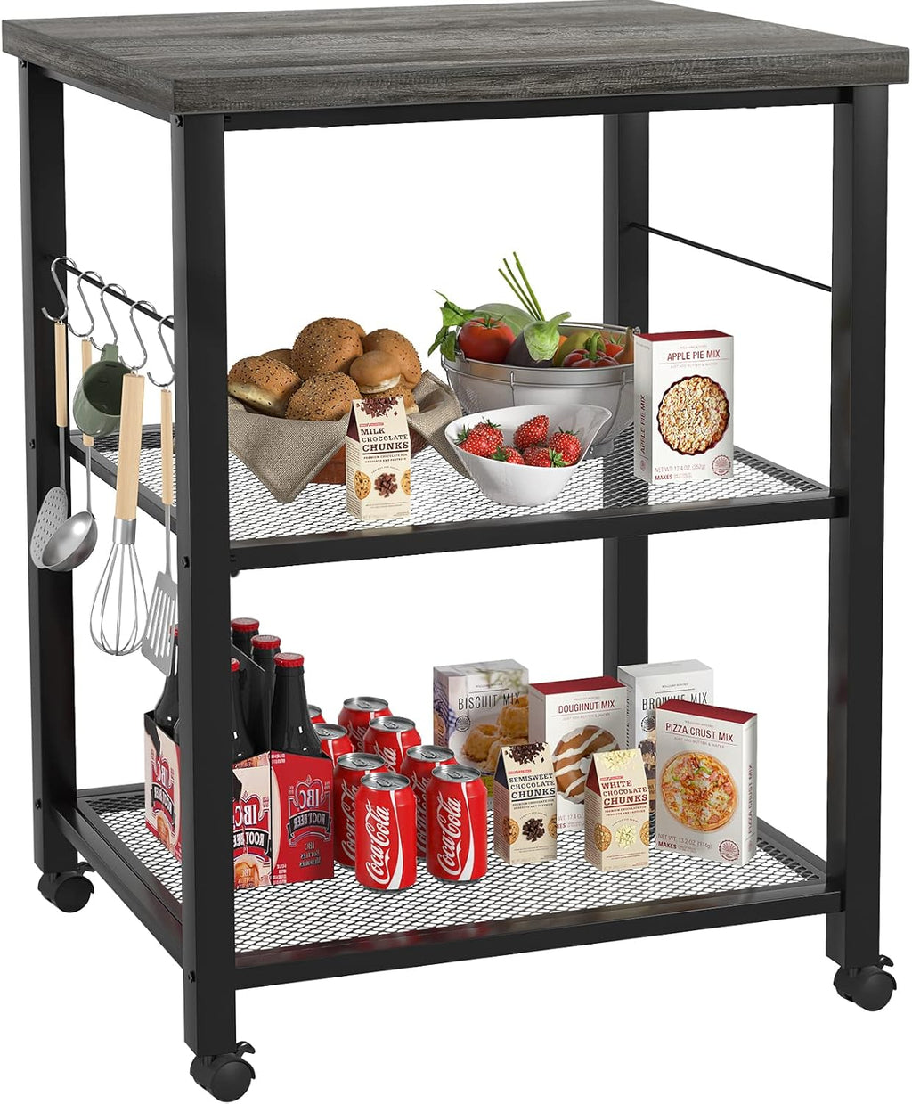 3 Tier Kitchen Cart with Wheels and 5 Hooks C661