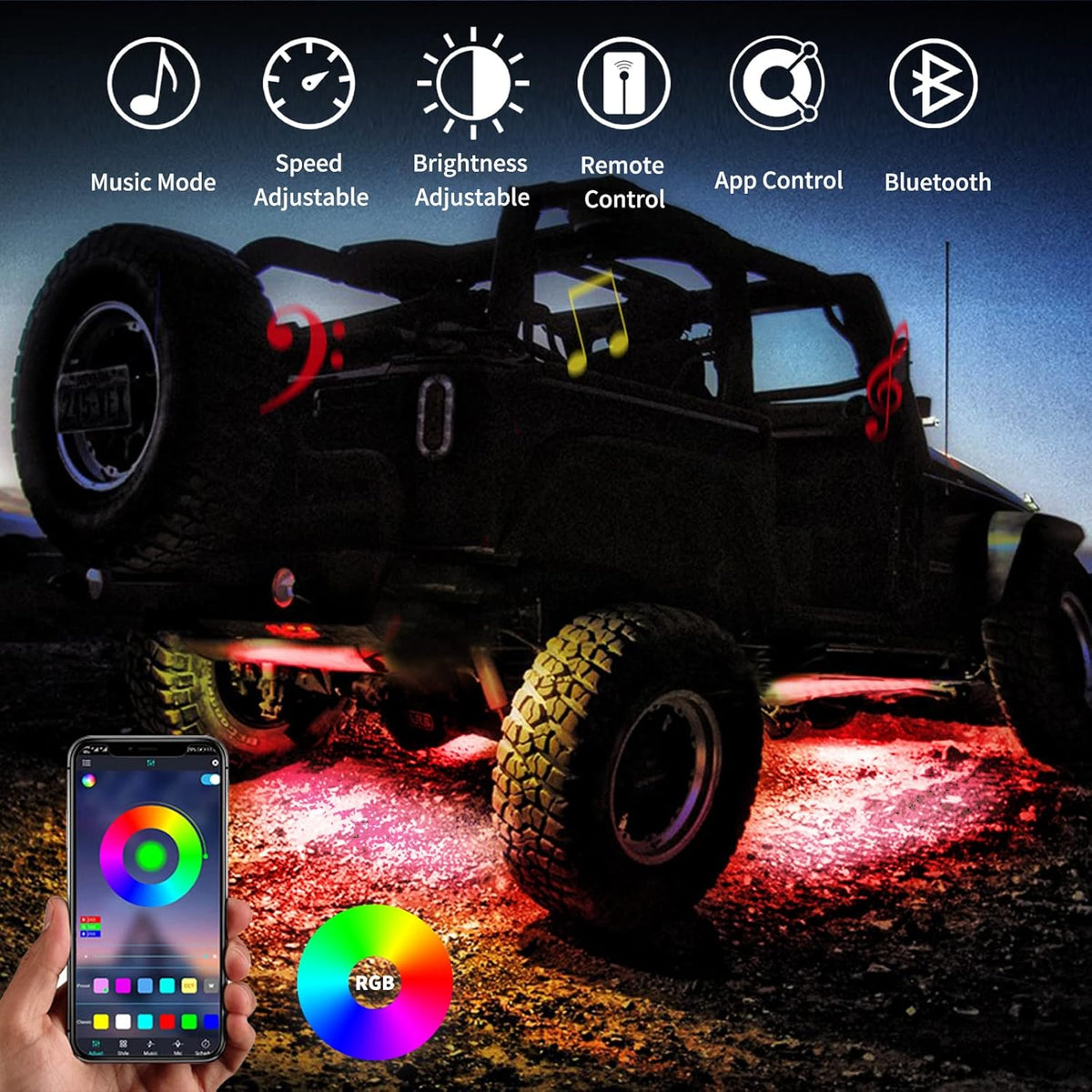 RGB LED Rock Lights Kit 10 Pods Multicolor Pack of 2 Y1948