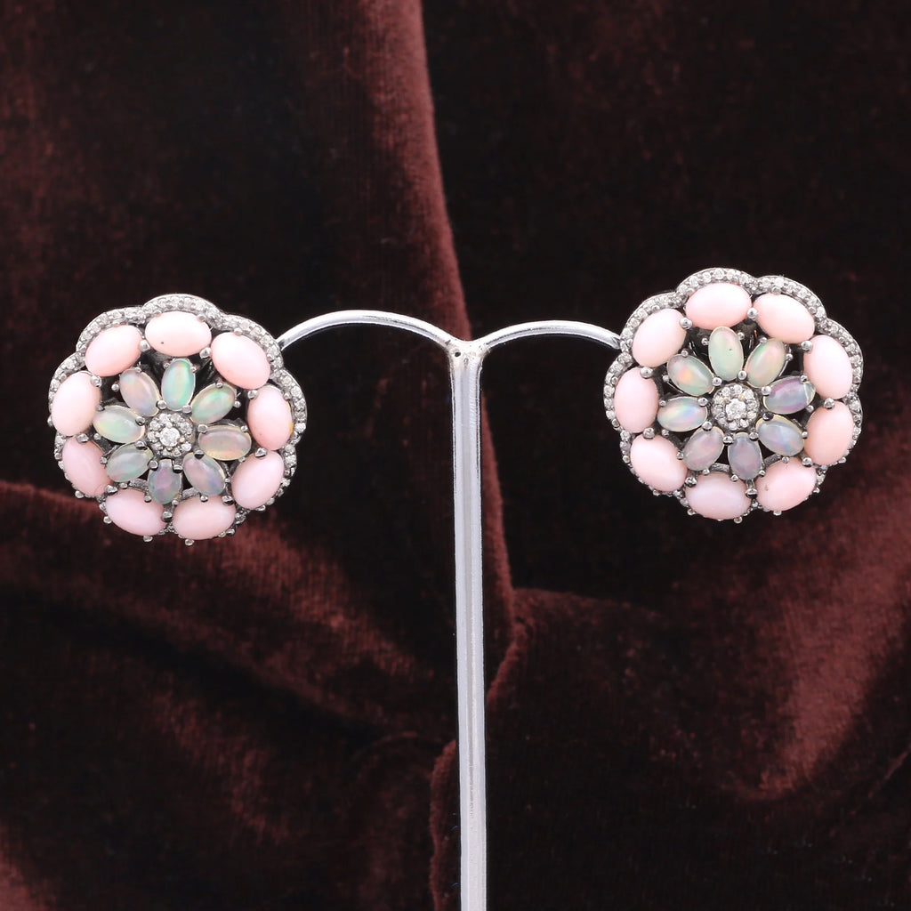 Natural Pink Opal Diamond Gemstone 925 Sterling Silver Earrings N759709