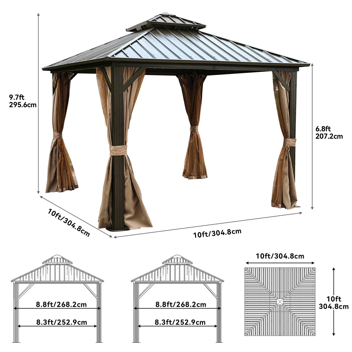 Bronze 10x10FT Double Roof Hardtop Gazebo with Nettings and Curtains Z850