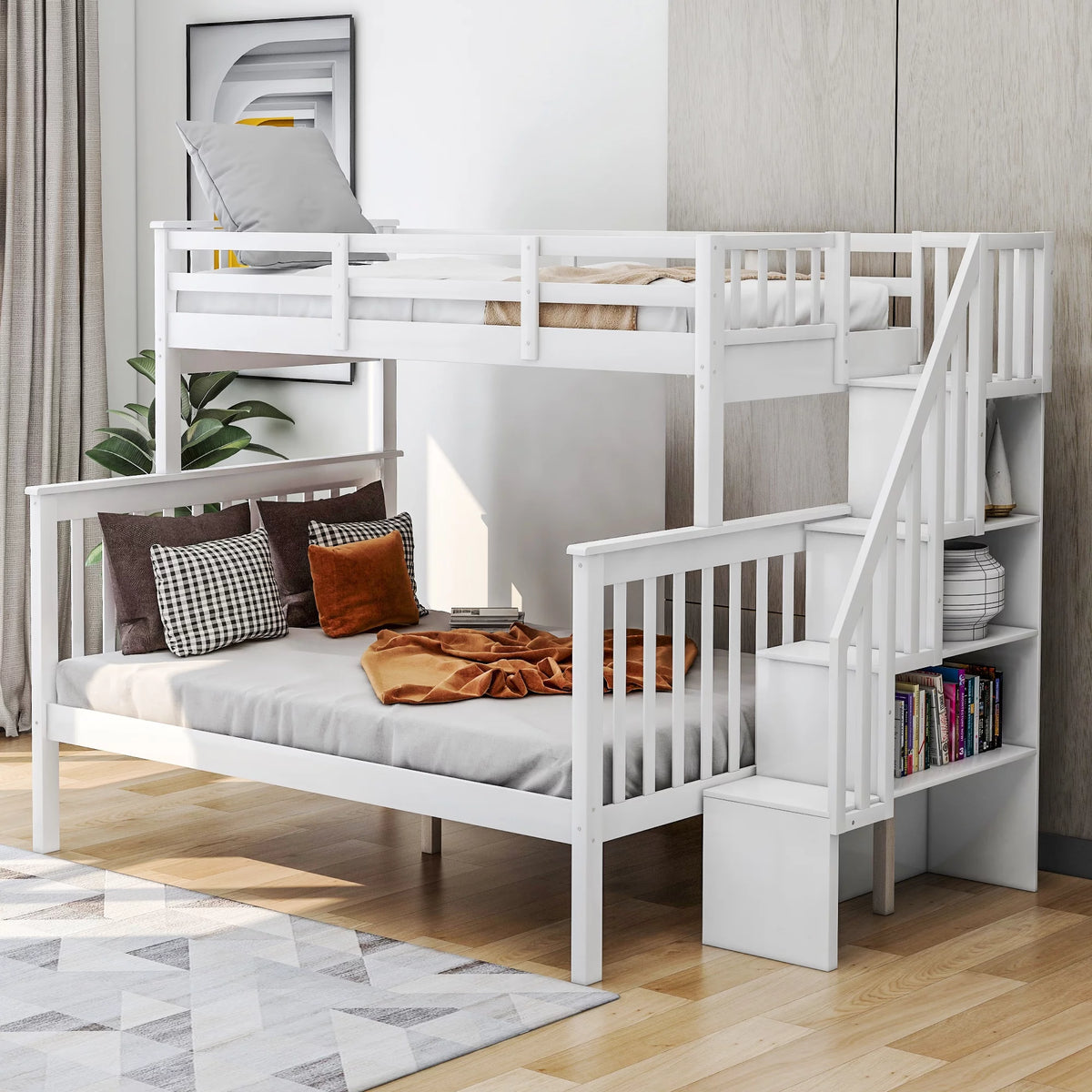 White Twin-Over-Full Bunk Bed with Storage and Guard Rail W566