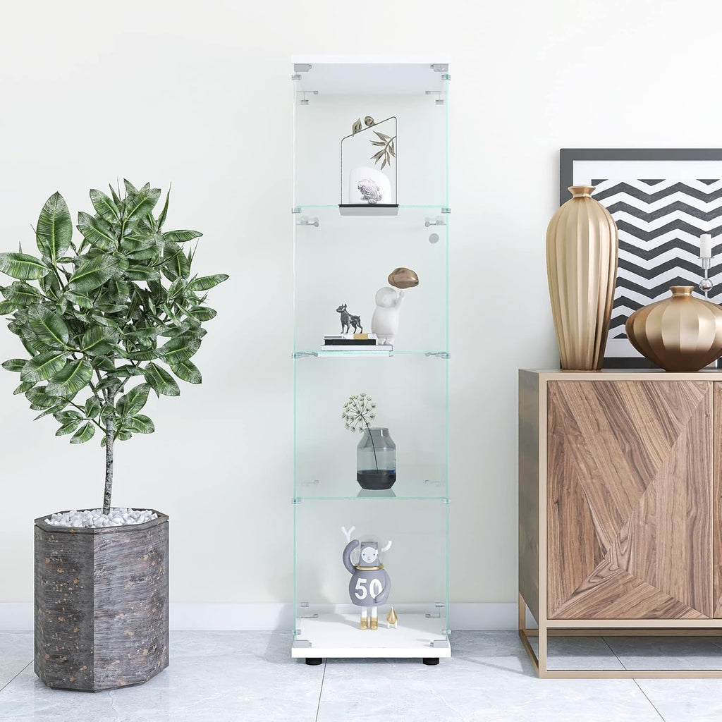 White 4-Shelf Glass Display Cabinet with Door and Lock E57146