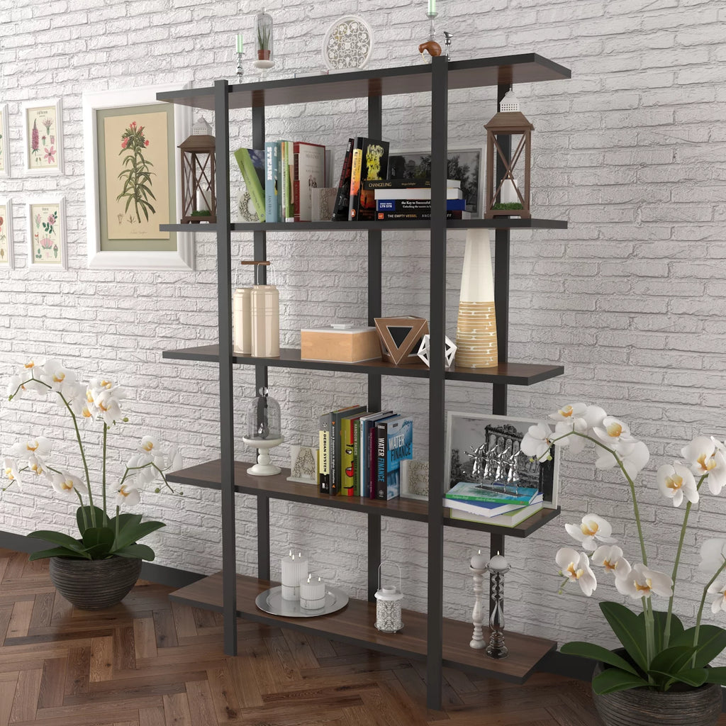 5 Tier Walnut Metal Frame Bookshelf K58126