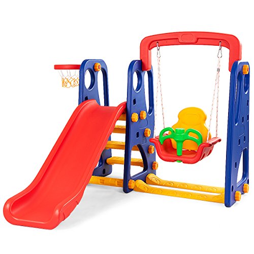 Toddler Long Slide Set, 3-in-1 Large Climber Playset with Basketball Hoop, Stairs, Thickened Panel, Playground Swing L942414